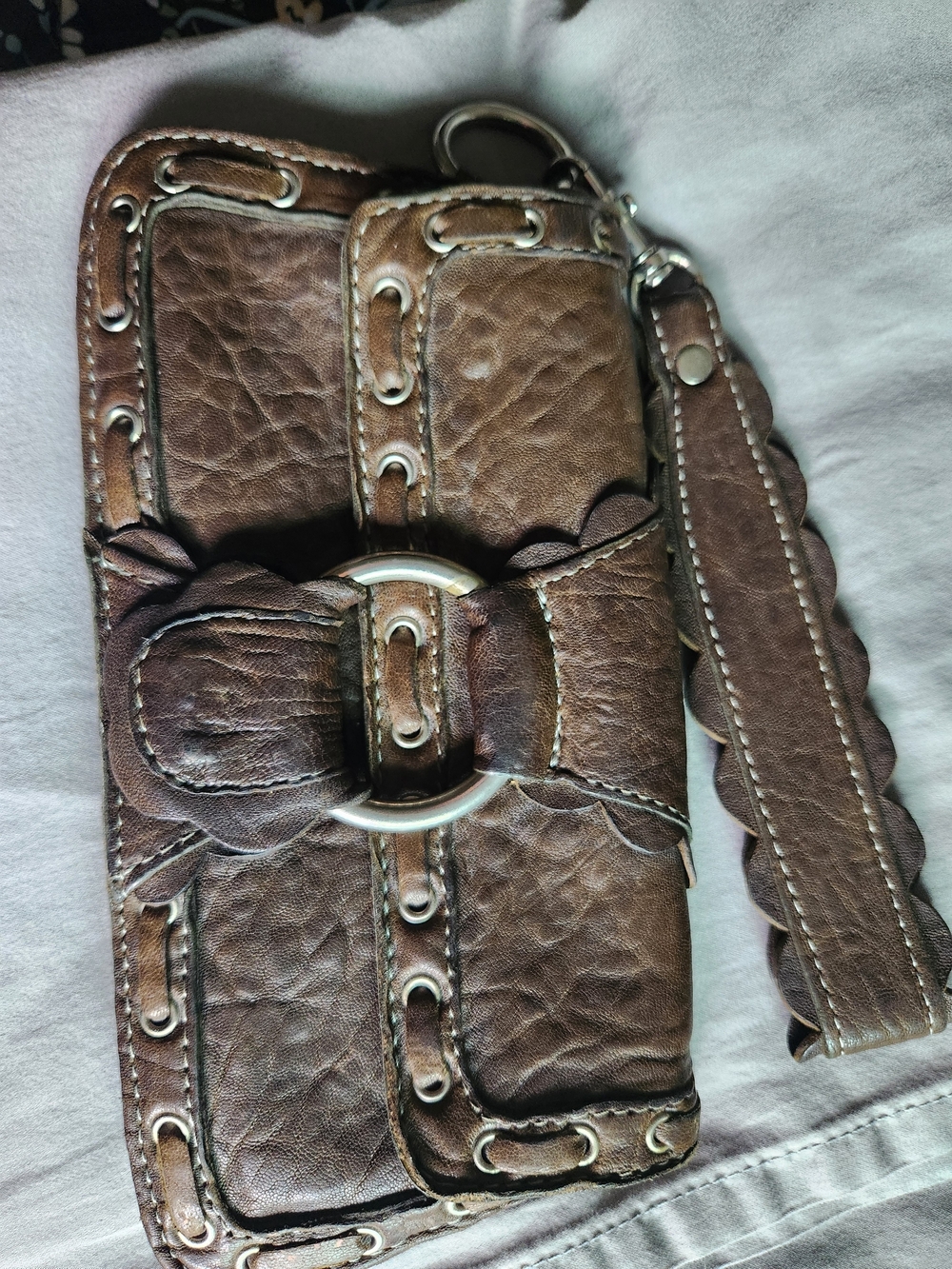 Treesje Brown Leather Wristlet Clutch with Silver Ring Detail